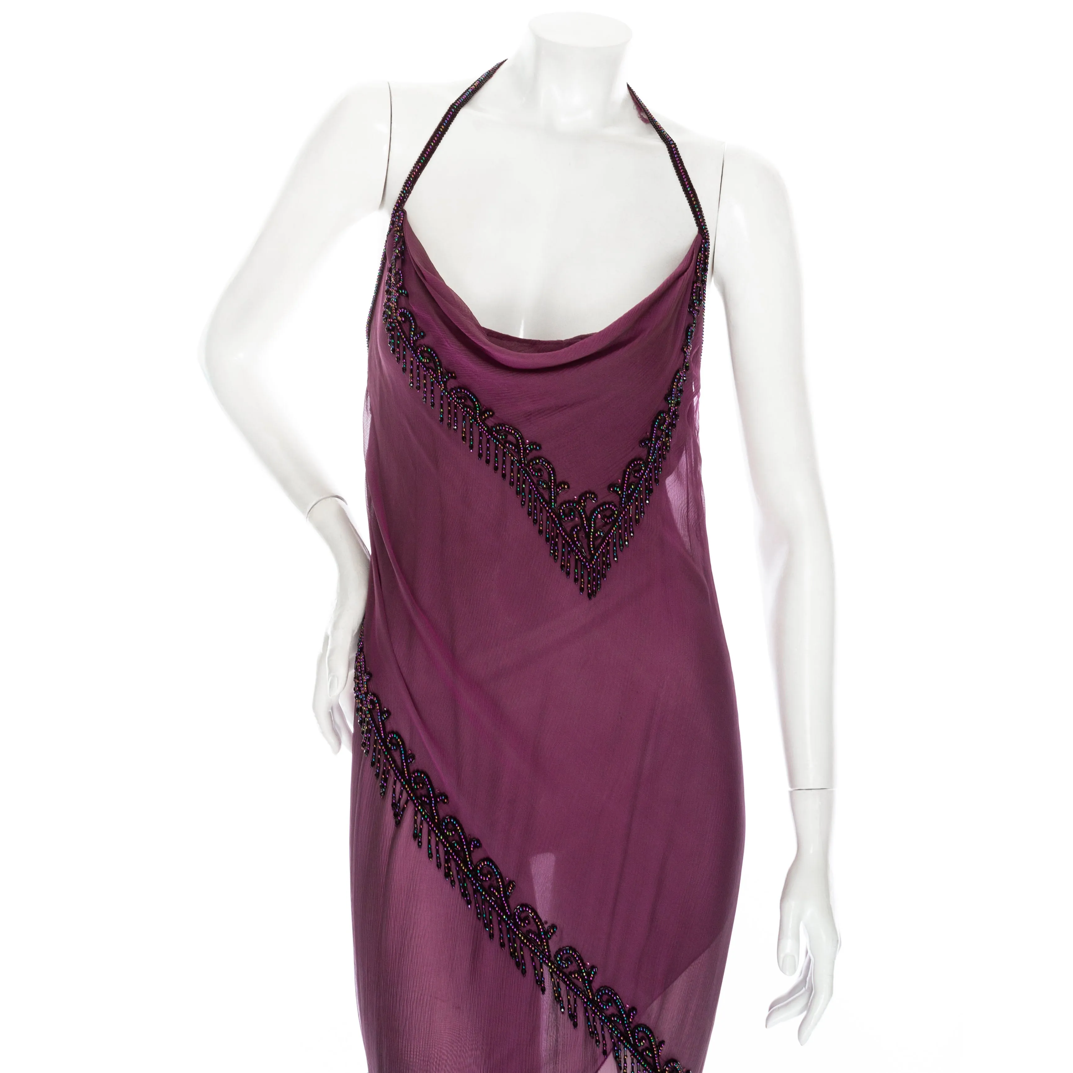 1980s Purple Silk Beaded Semi Sheer Halter Neck Dress