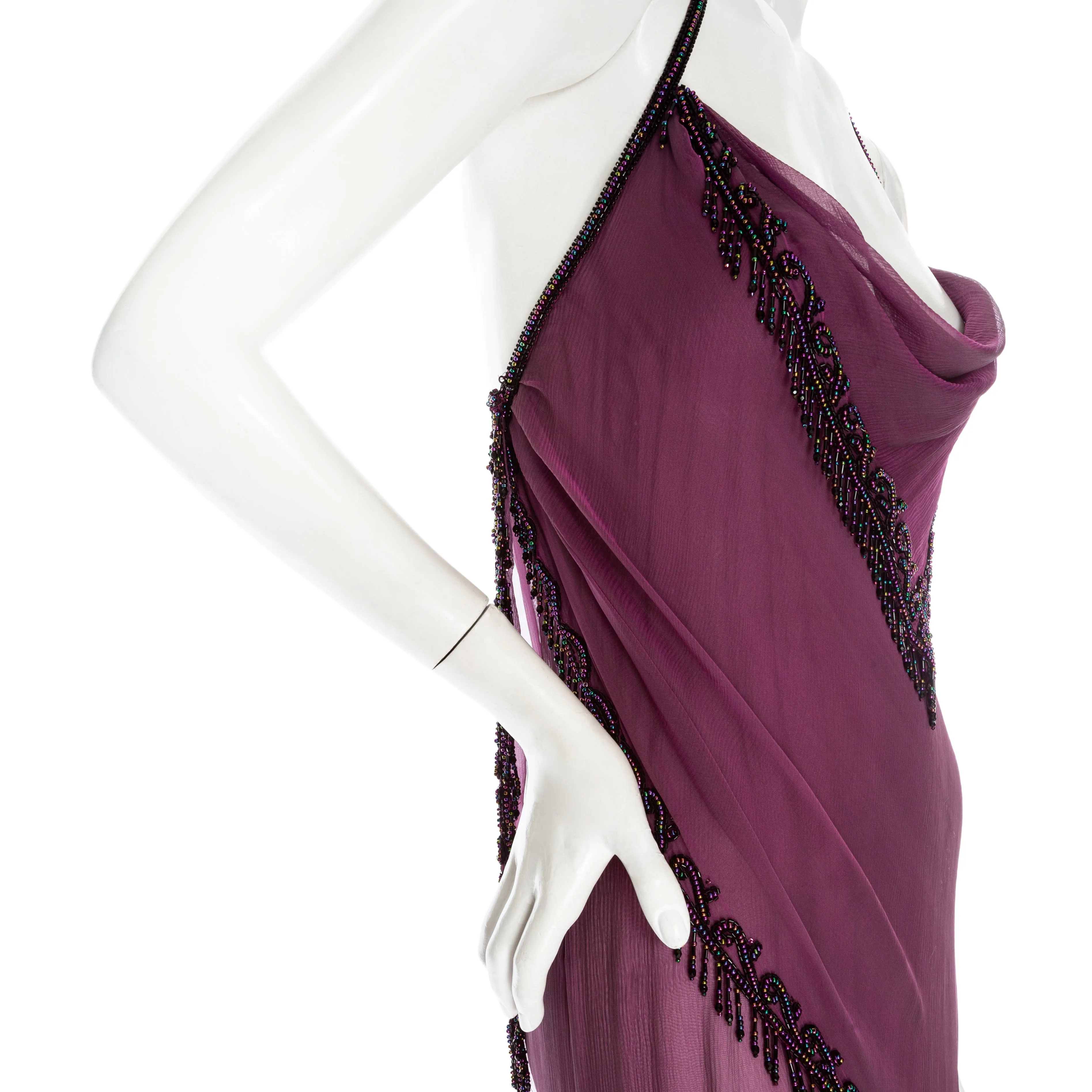 1980s Purple Silk Beaded Semi Sheer Halter Neck Dress