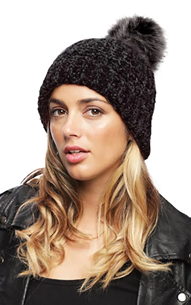 BHAT7386 Chenille Detachable Pom Pom Knit Hat