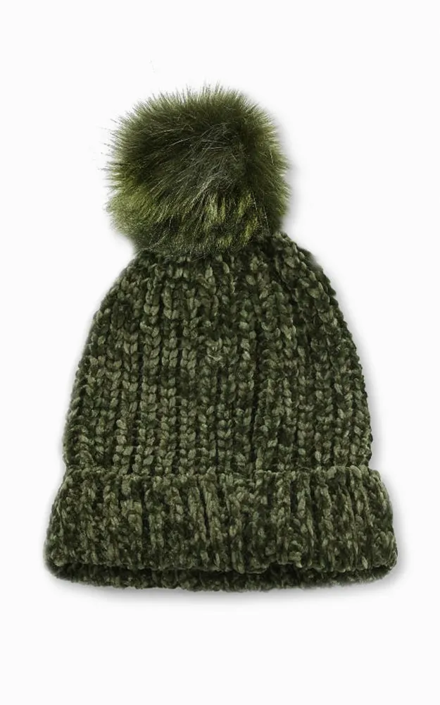 BHAT7386 Chenille Detachable Pom Pom Knit Hat