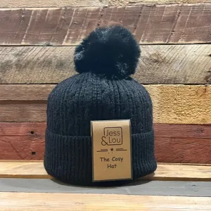 Black Unisex Cable Bobble Hat