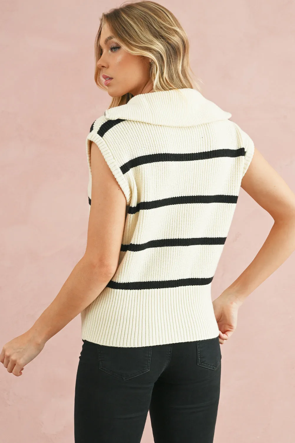 Brown Stripe Zipped Collar Cap Sleeve Knit Top