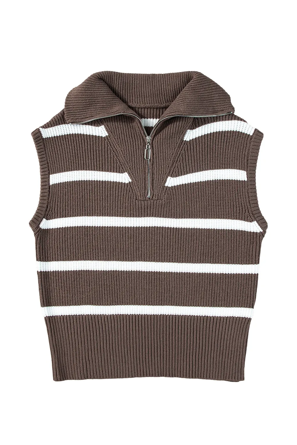 Brown Stripe Zipped Collar Cap Sleeve Knit Top