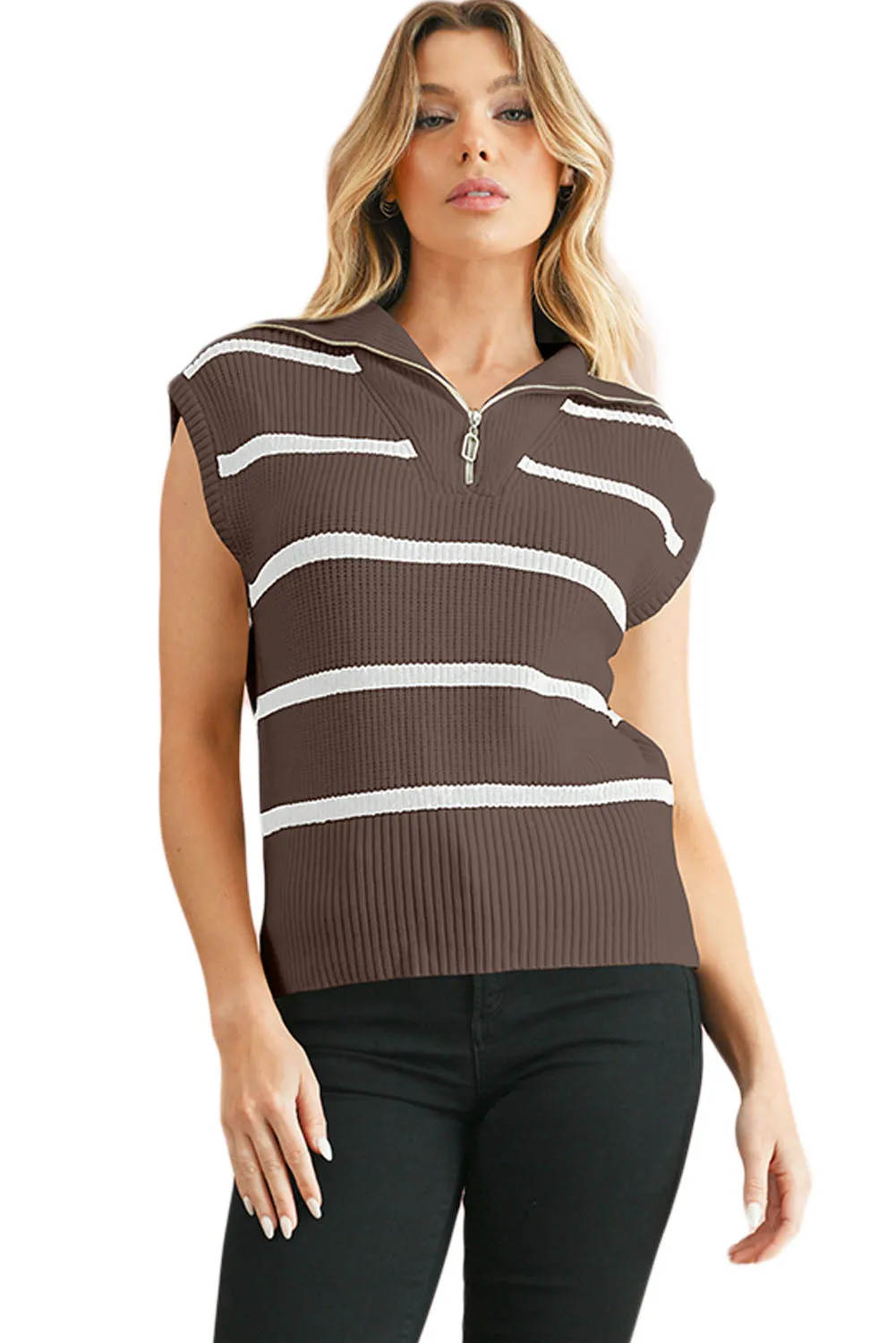 Brown Stripe Zipped Collar Cap Sleeve Knit Top