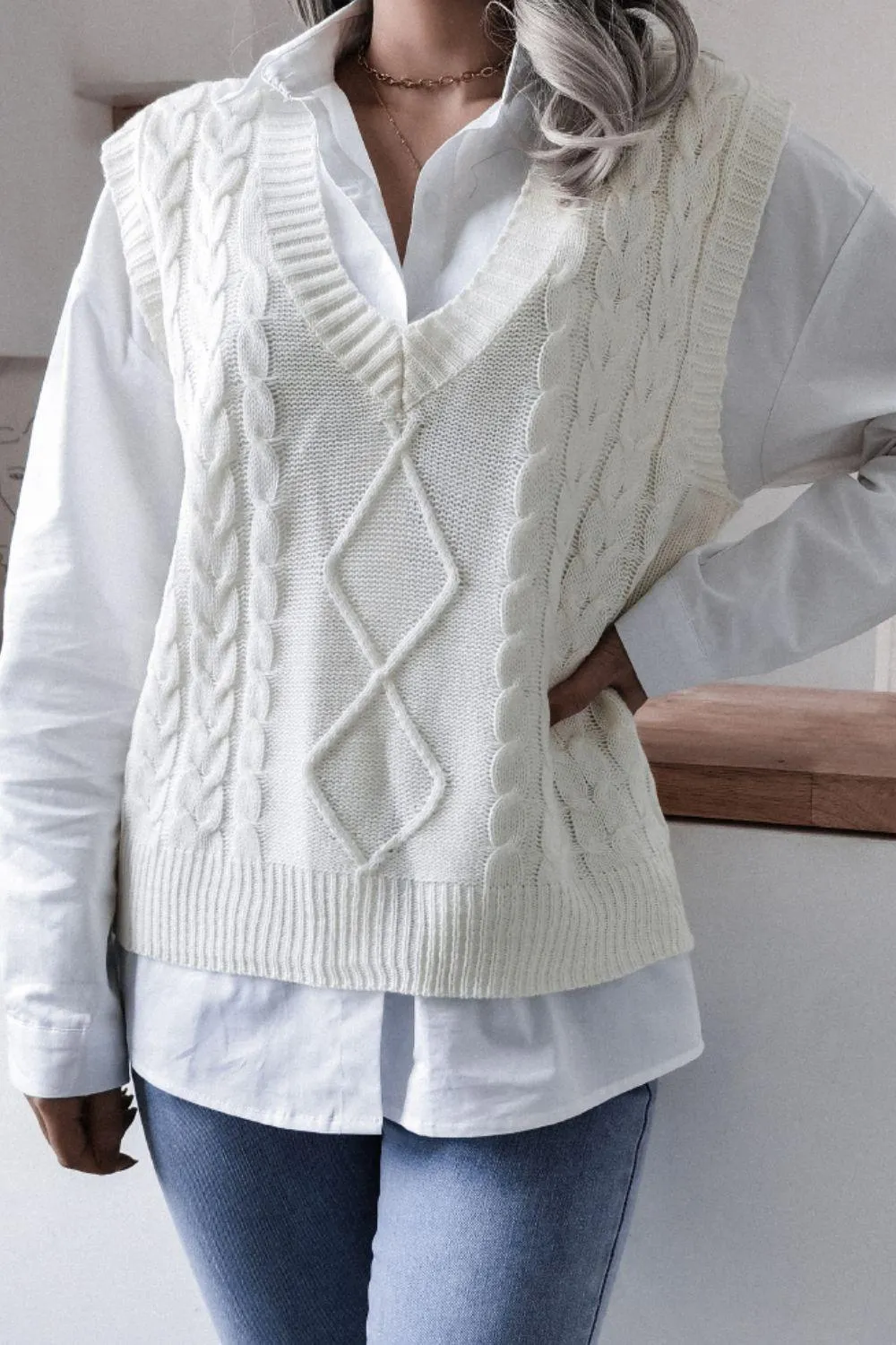 Cable-Knit V-Neck Sweater Vest