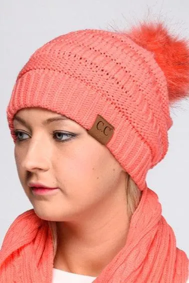 C.C Knitted Hat with Fur Pom Pom - Red