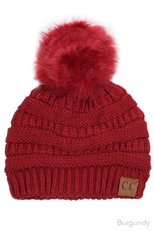 C.C Knitted Hat with Fur Pom Pom - Red