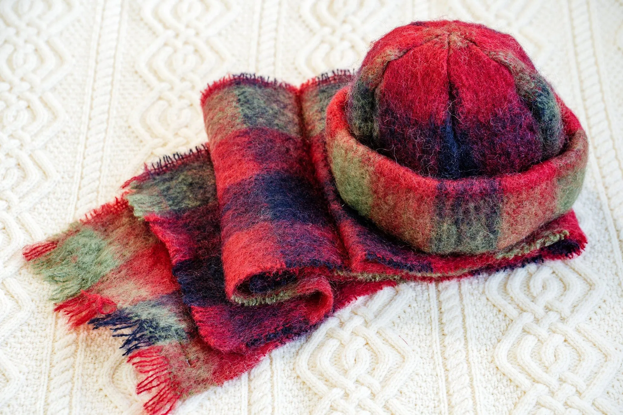 Donegal Design Mohair Hat and Scarf Set - Red, Black, and Green