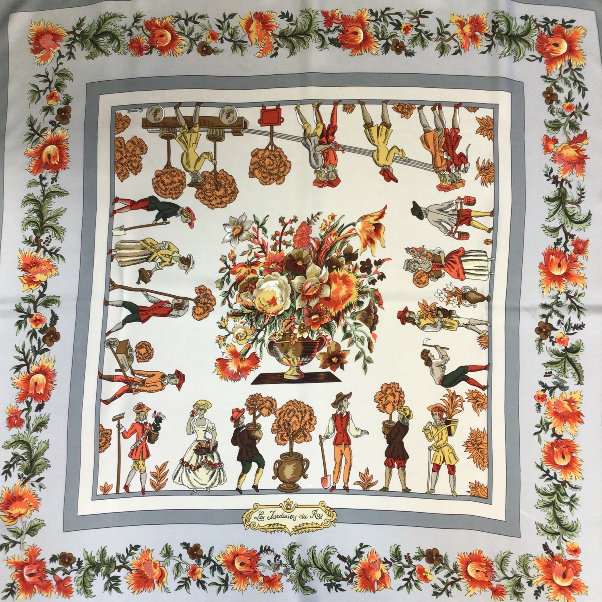 Hermes Paris Grey Multi Vintage Les Jardiniers du Roy Printed Square Silk Scarf