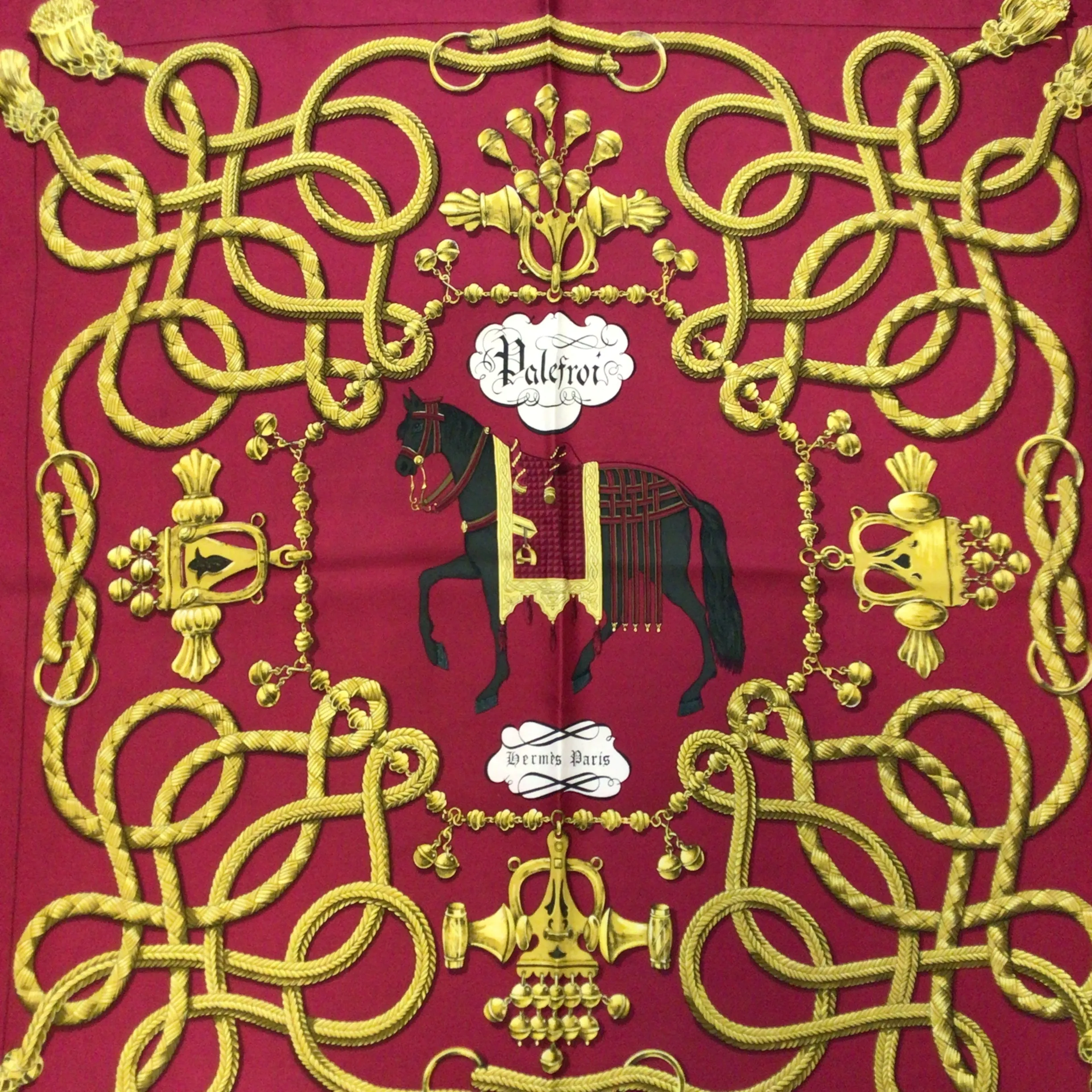 Hermes Red / Gold Multi Palefroi Square Silk Twill Scarf