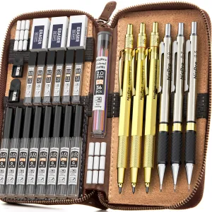 Nicpro 29PCS Art Mechanical Pencils Set in Leather Case, Gold Metal Drafting Pencil 0.5, 0.7, 0.9 mm, 2mm Lead Pencil Holders for Sketching Drawing With 13 Tube (2B HB 2H) Lead Refills