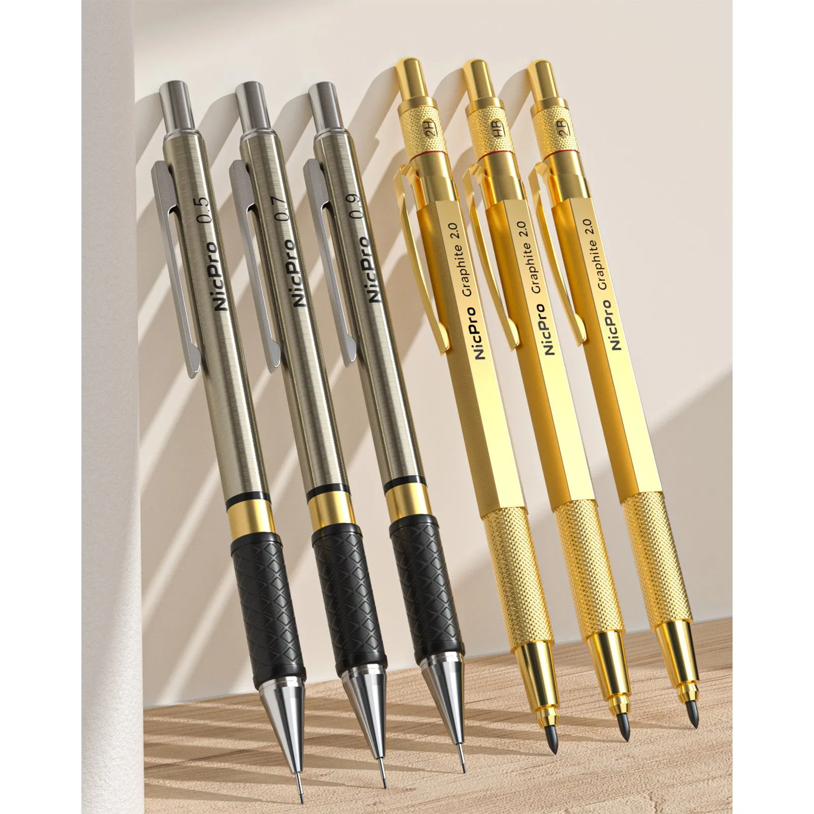 Nicpro 29PCS Art Mechanical Pencils Set in Leather Case, Gold Metal Drafting Pencil 0.5, 0.7, 0.9 mm, 2mm Lead Pencil Holders for Sketching Drawing With 13 Tube (2B HB 2H) Lead Refills