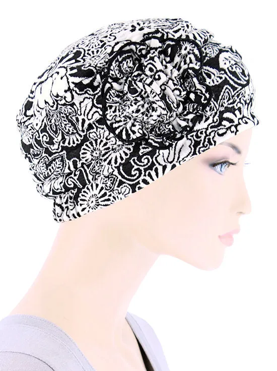 Pleated Winter Hat Fleece Lined Black Floral