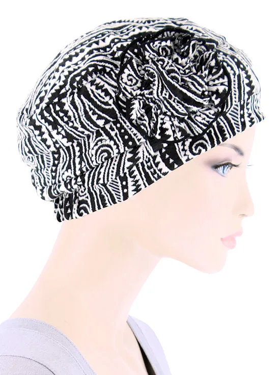 Pleated Winter Hat Fleece Lined Black Swirl