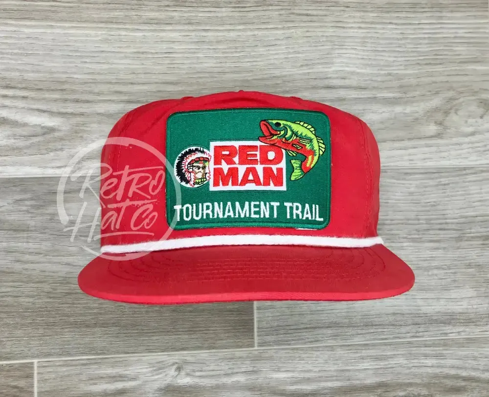 Red Man Tournament Trail Fishing Patch on Red Poly Retro Rope Hat