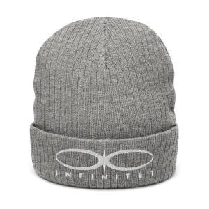 Ribbed Logo Over Text Light Grey Knit Beanie