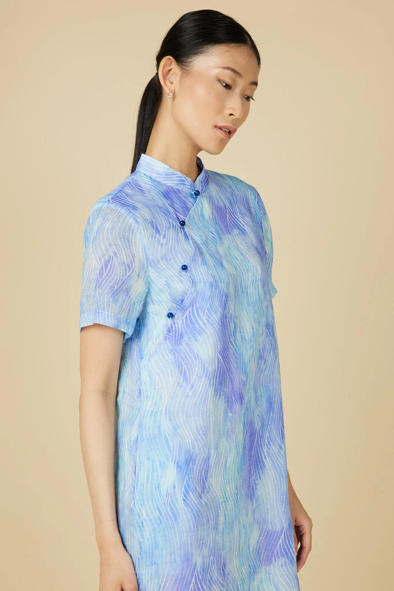 Short Sleeve Cheongsam Dress - Abstract Waves