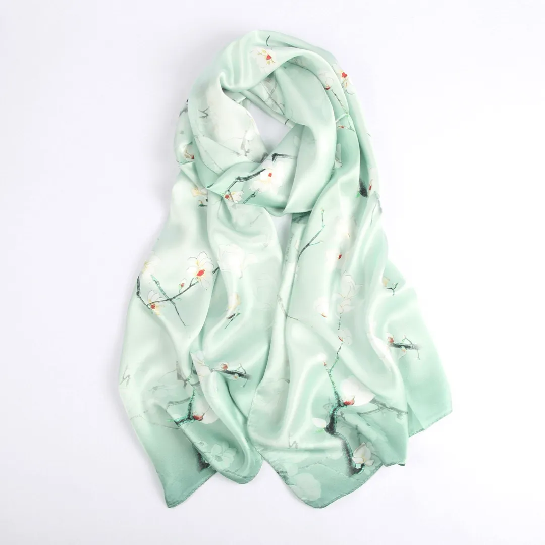 Silk Scarf Collections|Blossom Range| Magnolia Design|Green|Long Silk Scarf