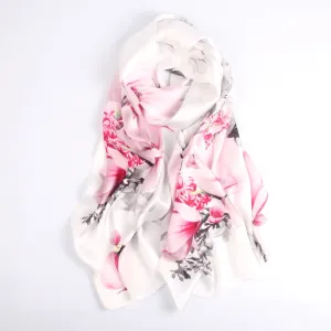 Silk Scarf Collections|Blossom Range|Magnolia Design|White|Long Silk Scarf