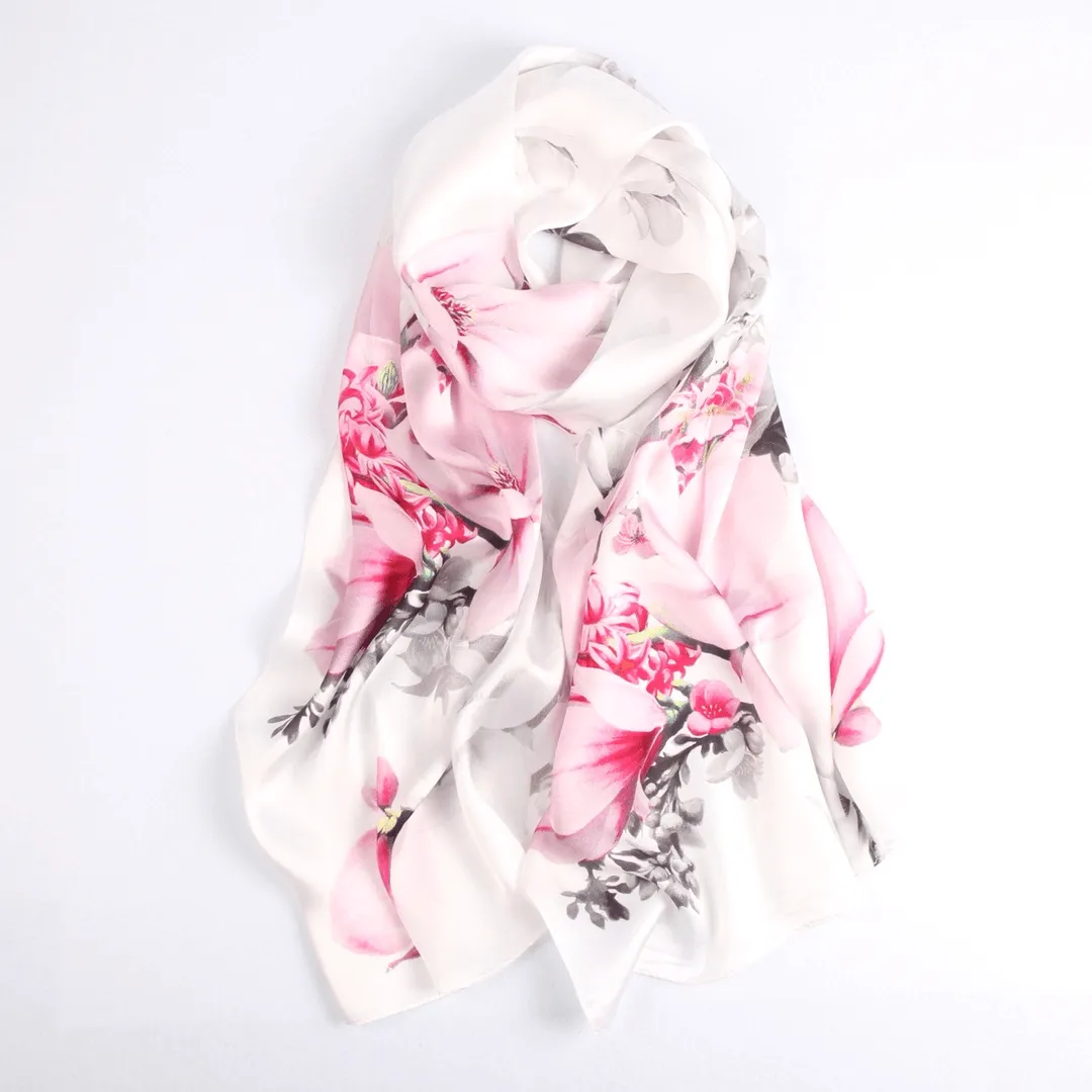 Silk Scarf Collections|Blossom Range|Magnolia Design|White|Long Silk Scarf