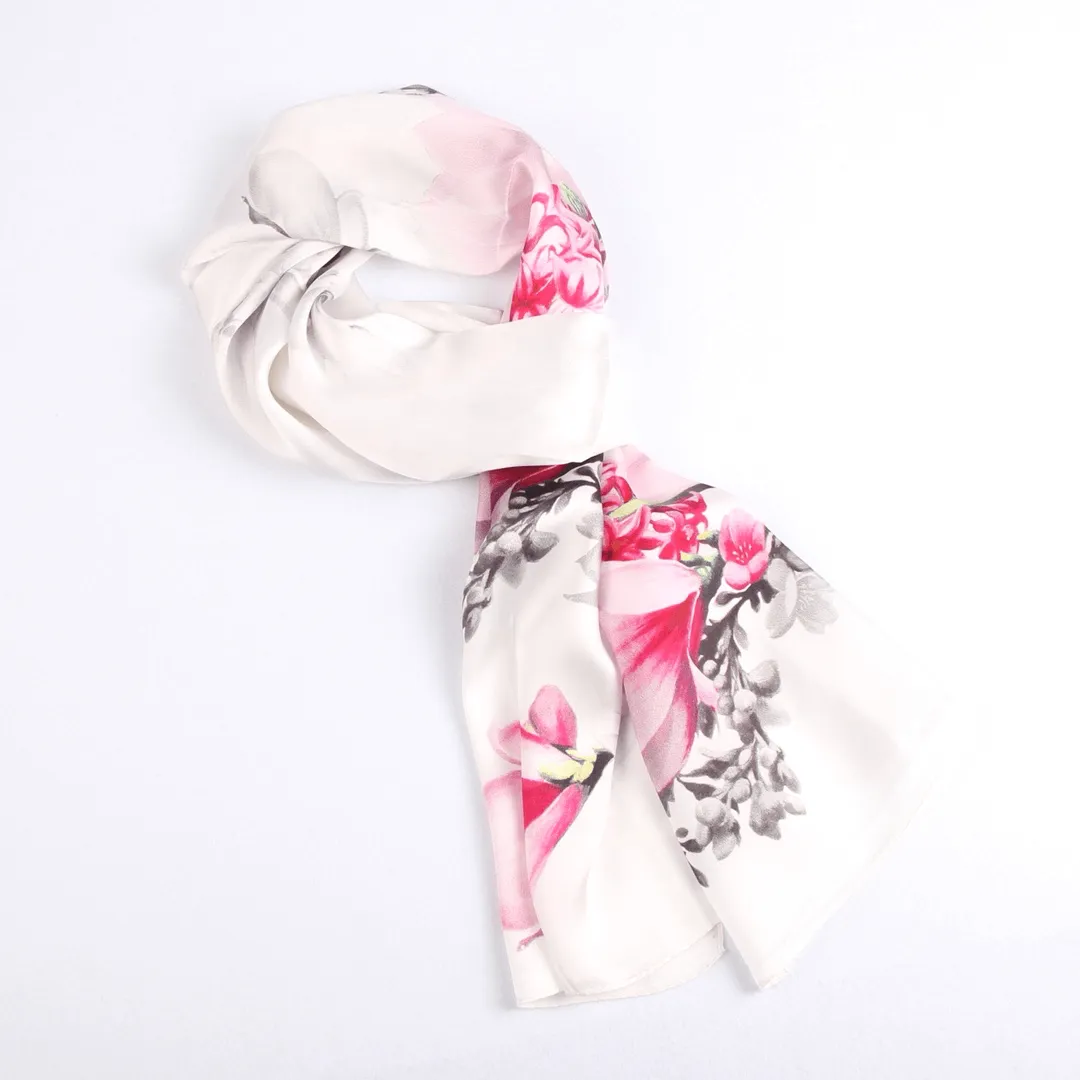 Silk Scarf Collections|Blossom Range|Magnolia Design|White|Long Silk Scarf