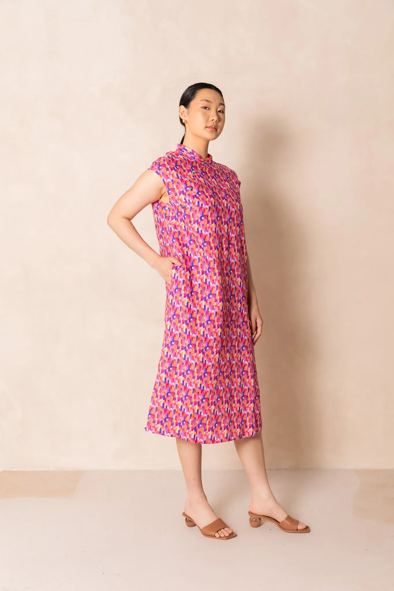 Water Colour Raindrop Print Cap Sleeve Cheongsam Dress