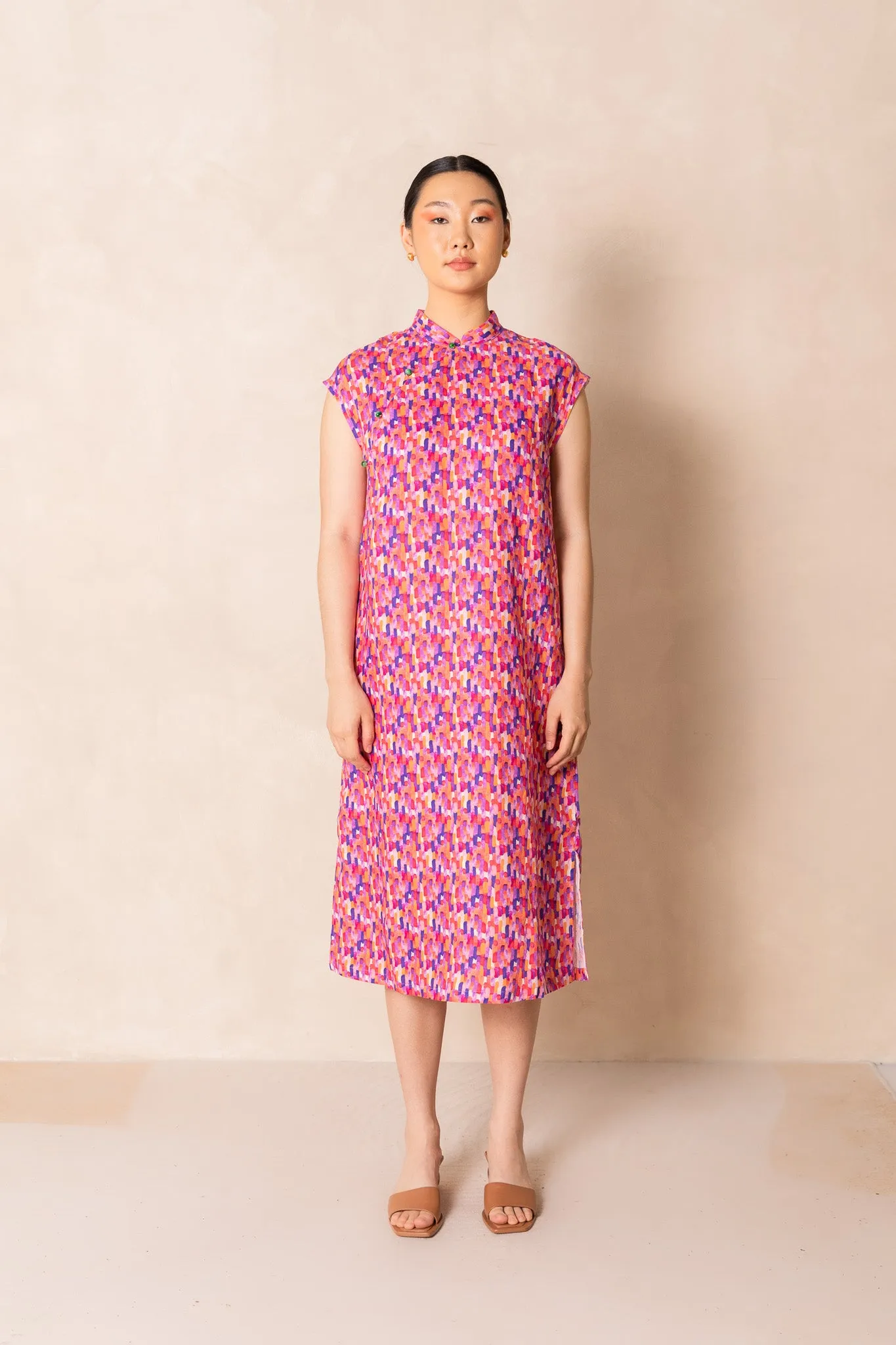 Water Colour Raindrop Print Cap Sleeve Cheongsam Dress